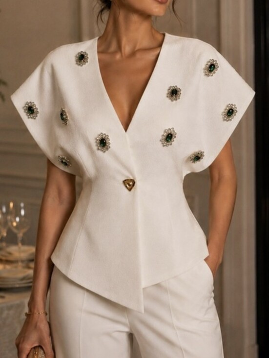 Commense Tops - Commense Embellished Broach Blouse Kimono Short Sleeves Gold Closure XL NWT